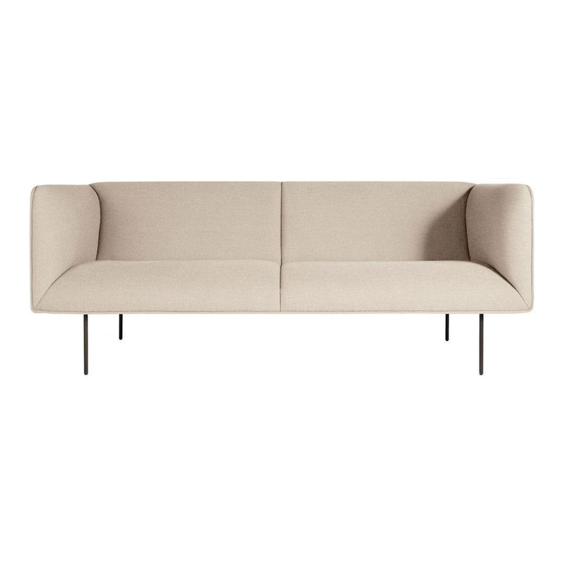Beige modern sofa with a minimalist design, featuring clean lines and smooth fabric texture. Ideal for contemporary decor.