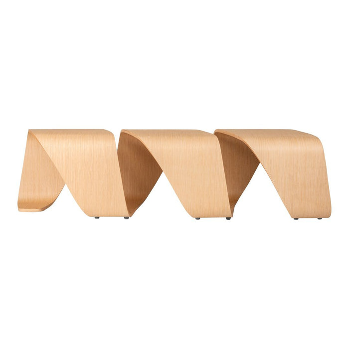 Wavy, light wood pattern bench in natural beige tones, showcasing a contemporary design. Perfect for modern spaces.