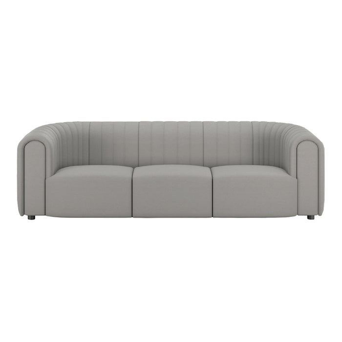 Light gray three-seater sofa with vertical ribbed patterns and rounded armrests, perfect for modern living spaces.