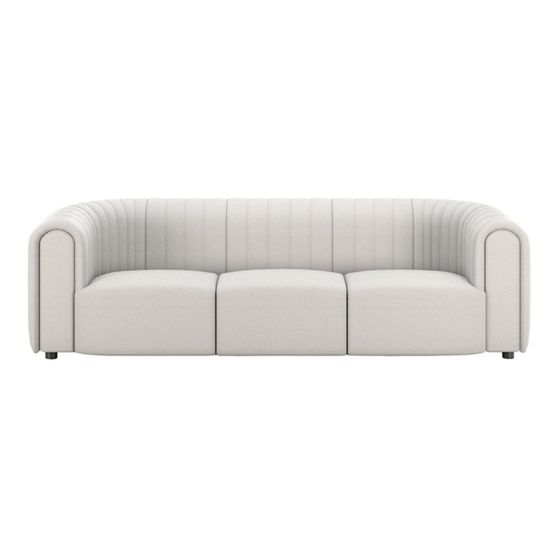Stylish white leather sofa with vertical stitching, perfect for modern decor. Soft texture and sleek design.
