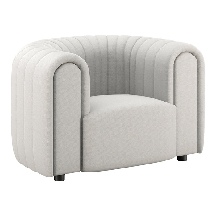 Stylish white curved armchair with ribbed upholstery and smooth, rounded edges. Perfect for modern decor.