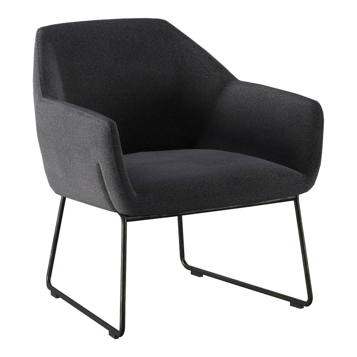 Modern accent chair in a sleek dark gray fabric with minimalistic black metal legs. Simple yet stylish design.