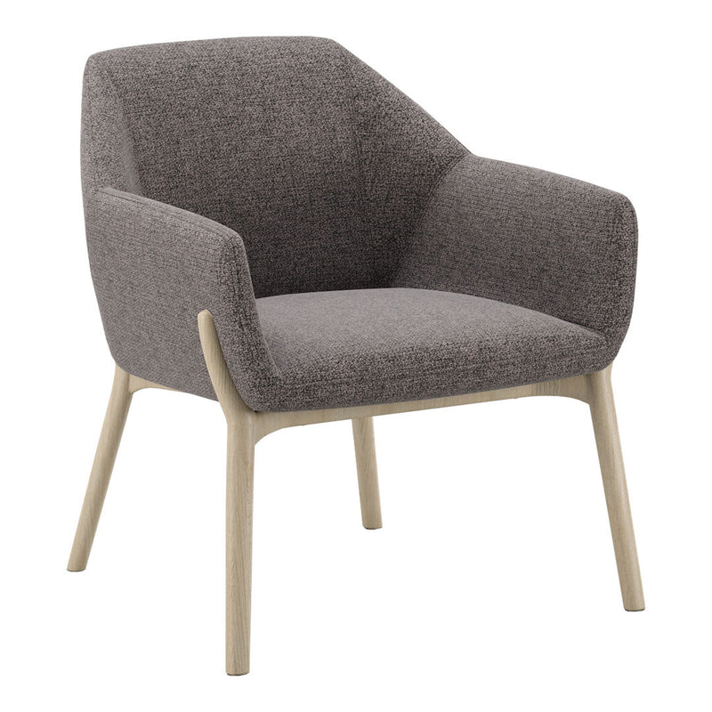 Gray upholstered armchair with a minimalist design and natural wood legs, perfect for modern interiors.