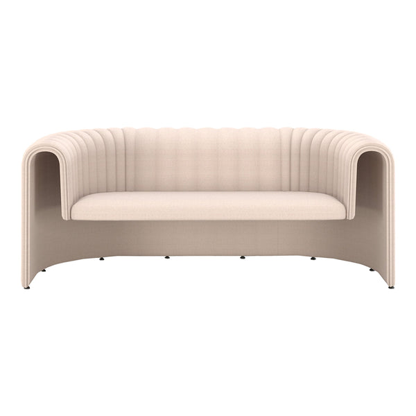 Beige curved sofa with ribbed detailing and smooth, modern lines, perfect for contemporary spaces.