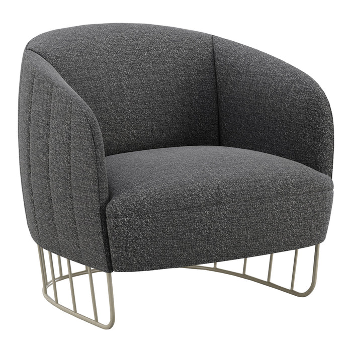 Gray upholstered chair with quilted pattern, featuring sculptural metal legs for a modern touch.