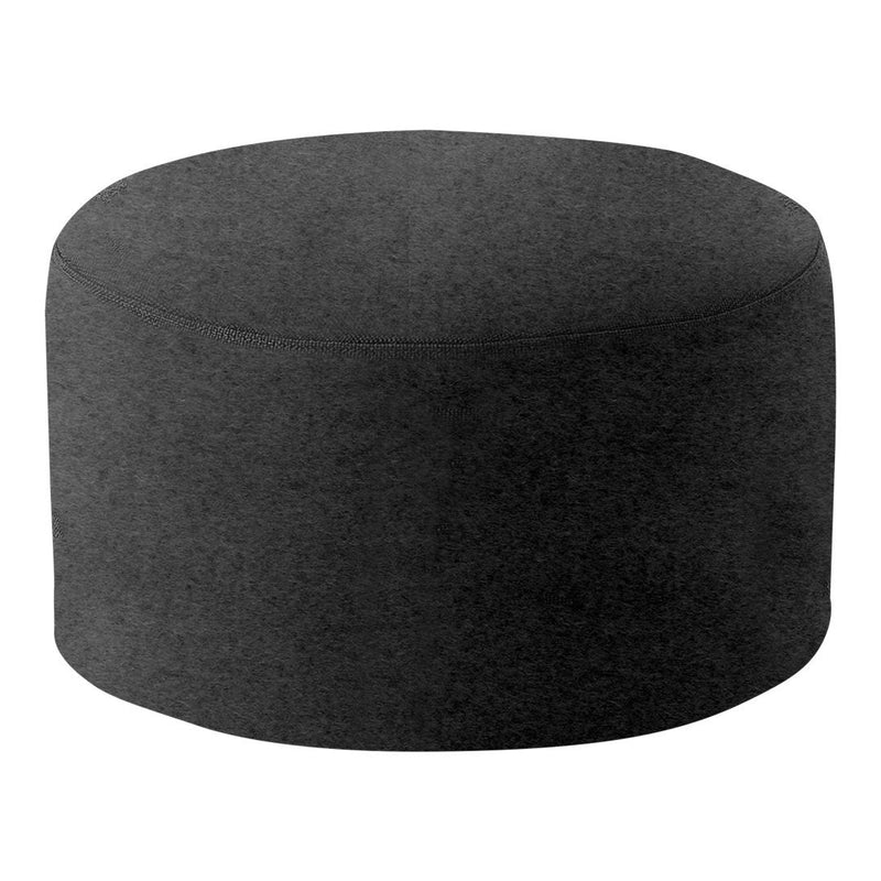 Gray round ottoman with a smooth, minimalist design and soft texture, perfect for modern decor.