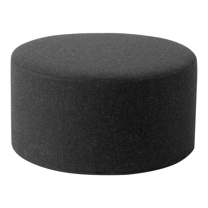 Round black ottoman with a smooth, solid fabric surface, perfect for modern decor.