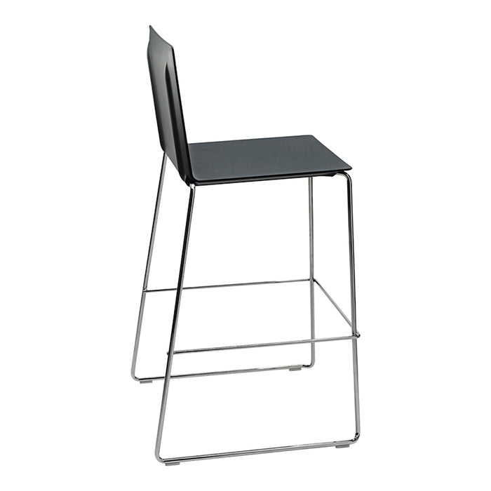 Black modern bar stool with sleek, minimalist design and chrome frame, perfect for contemporary interiors.
