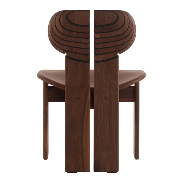 Wooden chair featuring rich walnut finish with curved backrest and bold, contrasting line patterns.