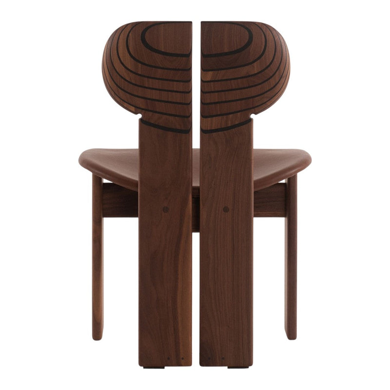 Wooden chair featuring rich walnut finish with curved backrest and bold, contrasting line patterns.