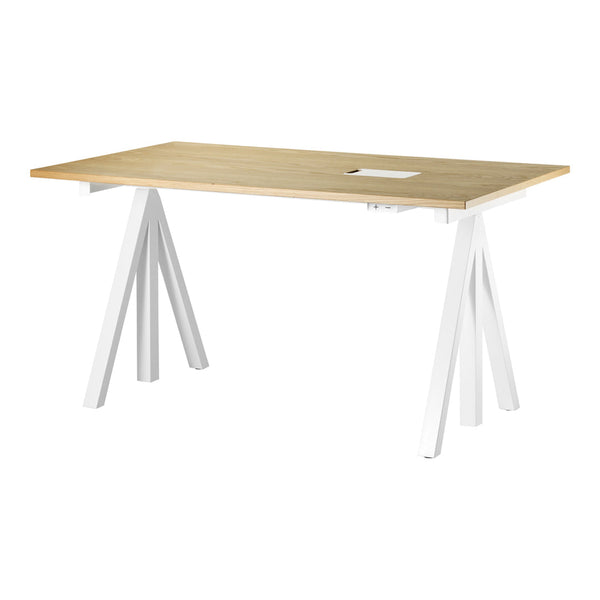 Light oak wood tabletop with smooth finish and white angled legs, showcasing a modern, minimalist design.