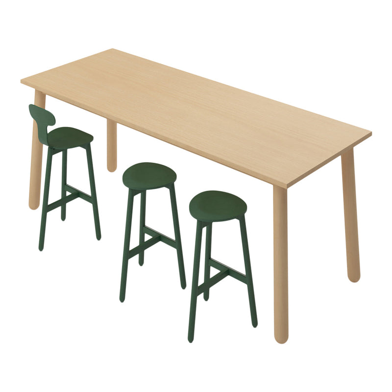 Light wooden table with smooth grain, complemented by three green bar stools with round seats.
