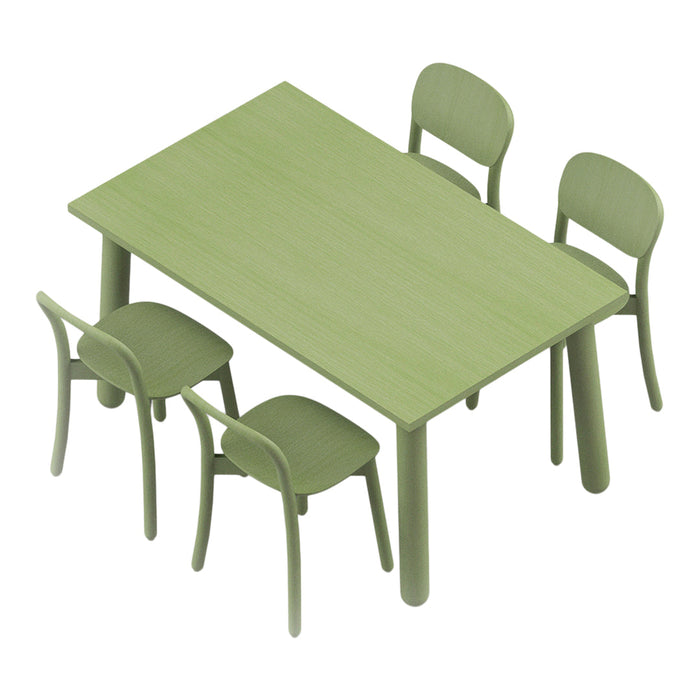 Green wooden dining table with matching chairs, featuring a smooth, textured finish and minimalist design.