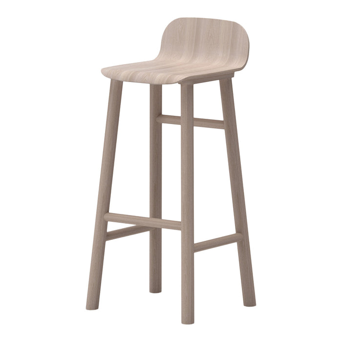Light brown wooden bar stool with a smooth, minimalist design and natural grain pattern. Ideal for modern decor.