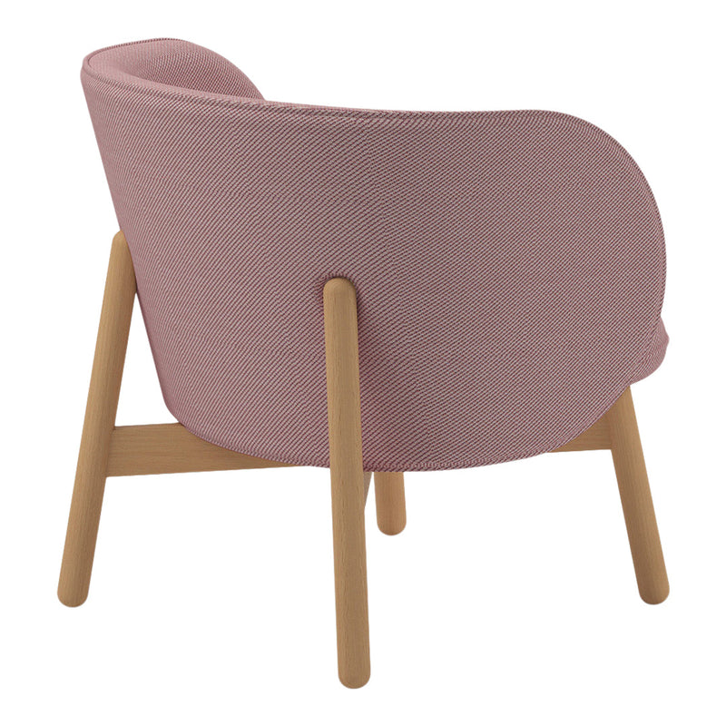 Pink striped fabric armchair with light wood legs, featuring a modern, cozy design.