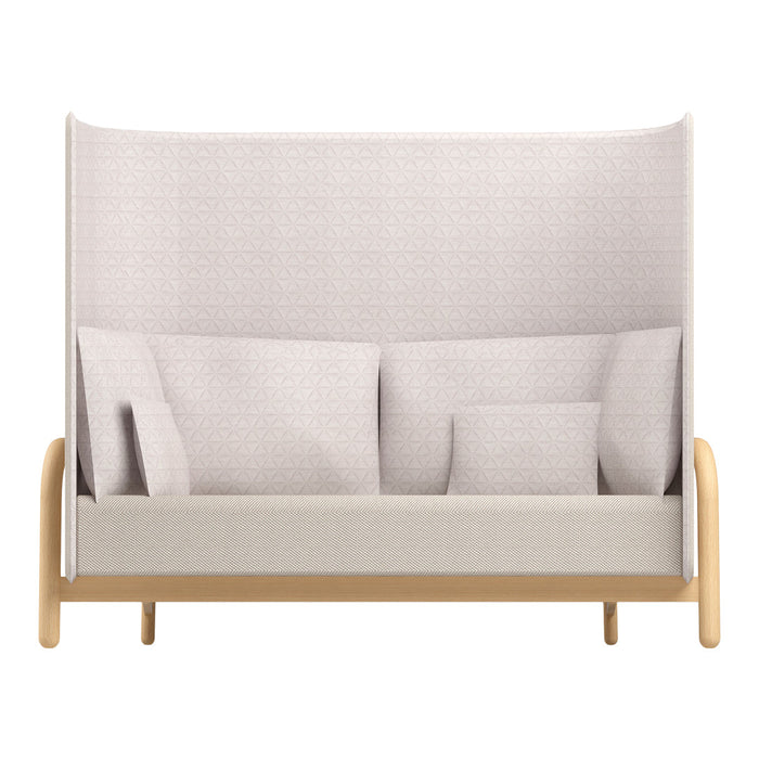 Light gray sofa with a geometric triangular pattern; soft beige cushions and wooden frame add a warm touch.