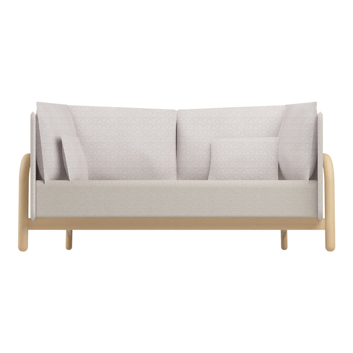 Modern light gray sofa with geometric patterns and beige wooden legs, featuring plush cushions for comfort.