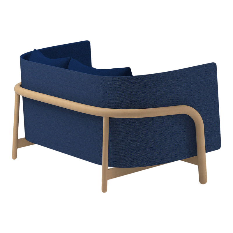 Navy blue sofa with a textured pattern and light wooden frame, featuring deep blue cushions for added comfort.