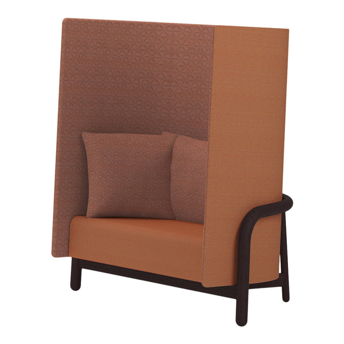 Orange textured fabric sofa with a geometric pattern on the back and matching pillows, featuring a dark wood frame.
