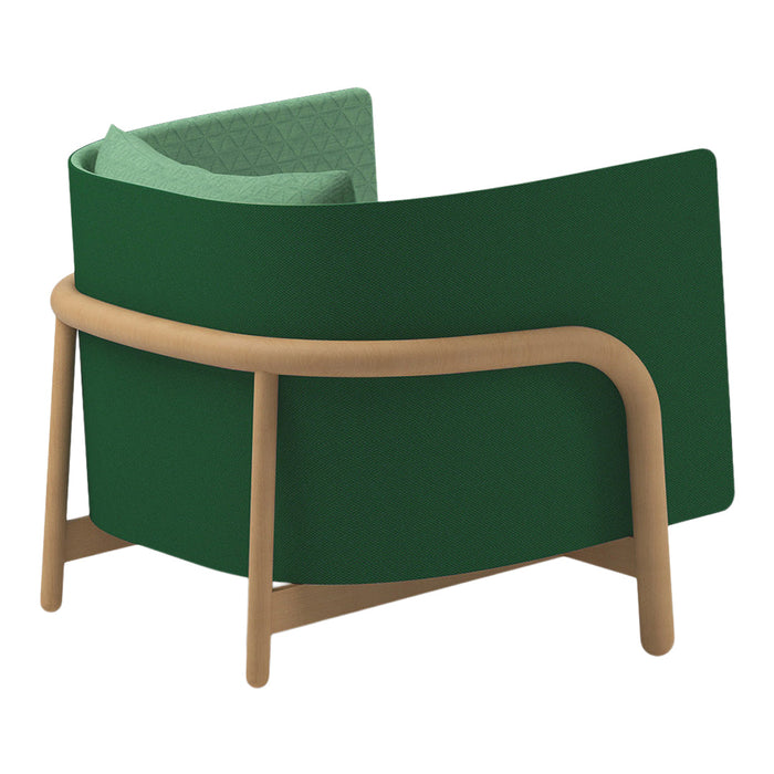 Green textured chair with a light green geometric cushion and natural wood frame. Modern, stylish design for any space.