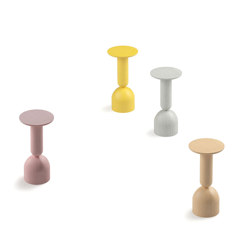 Colorful modern stools in pastel pink, yellow, soft grey, and light wood patterns. Unique round shapes.