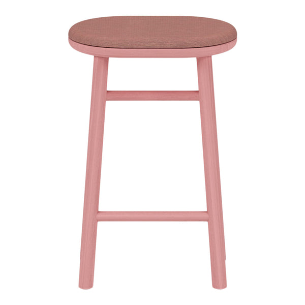 Pink wooden stool with a brown patterned seat, perfect for modern interiors.
