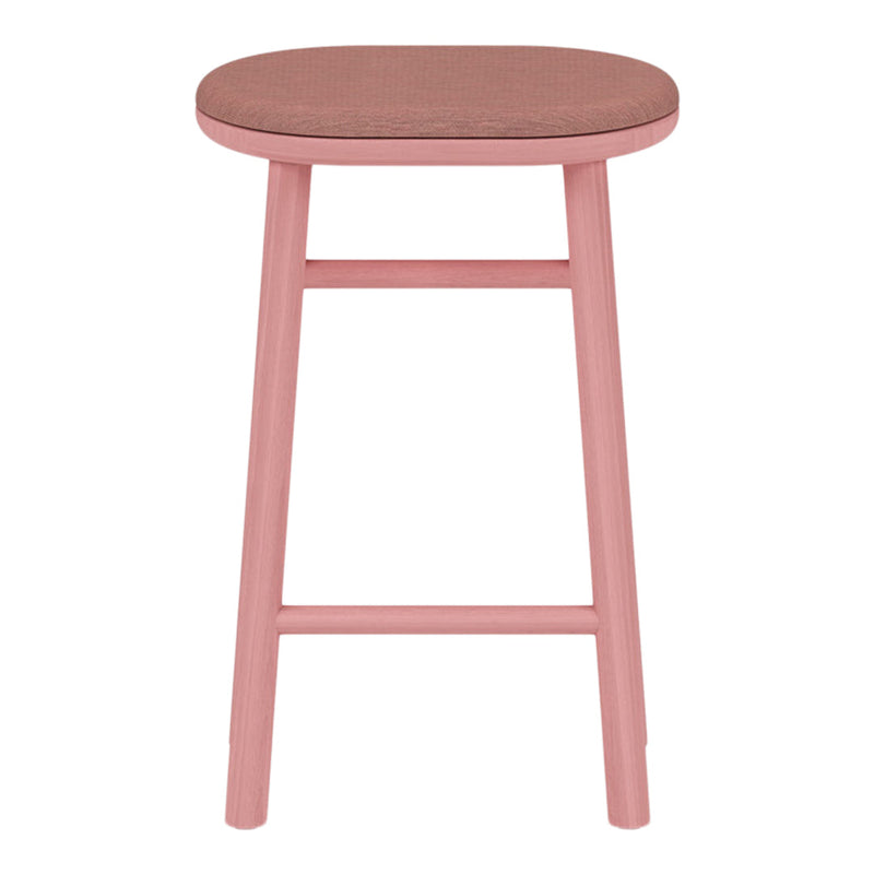 Pink wooden stool with a brown patterned seat, perfect for modern interiors.