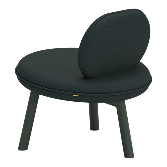 Green upholstered chair with a smooth, textured finish and rounded backrest, featuring dark wooden legs.