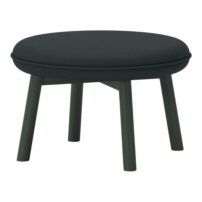 Stylish round ottoman in dark green fabric with textured finish and matching wooden legs. Perfect for modern decor.