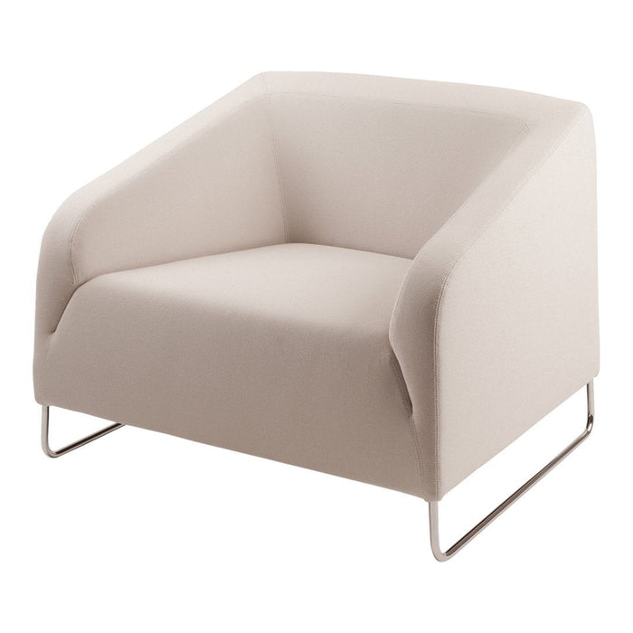 Modern beige armchair with smooth upholstery and sleek silver metal legs, perfect for minimalist decor.