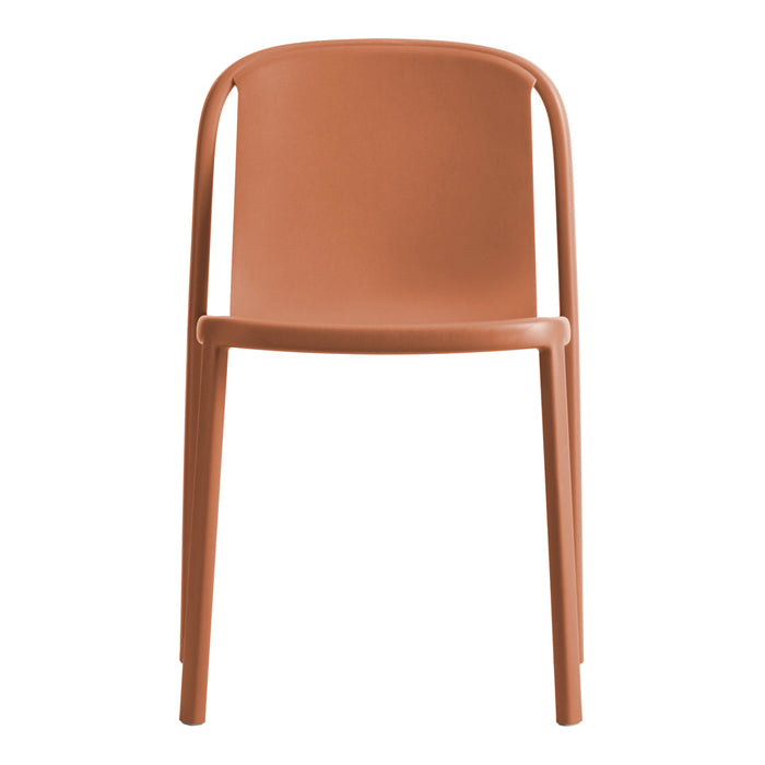 Terracotta dining chair with a minimalist design, featuring a smooth, solid color and sleek, modern lines.