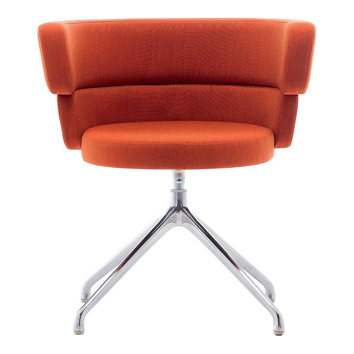 Modern orange upholstered chair with a sleek chrome base and a minimalist design. Perfect for contemporary spaces.