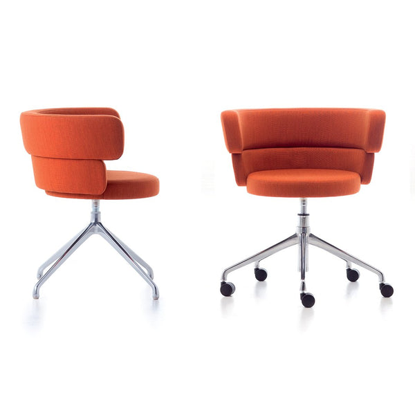 Vibrant orange upholstered swivel chair with a sleek silver base and modern, curved design.