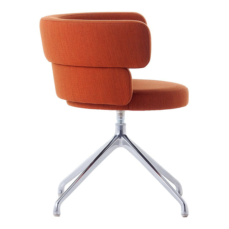 Modern orange upholstered chair with a sleek chrome base, featuring a stylish, curved design. Ideal for contemporary decor.