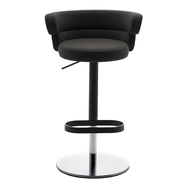 Black upholstered bar stool with a sleek chrome base and minimalist design. Modern and stylish for any decor.
