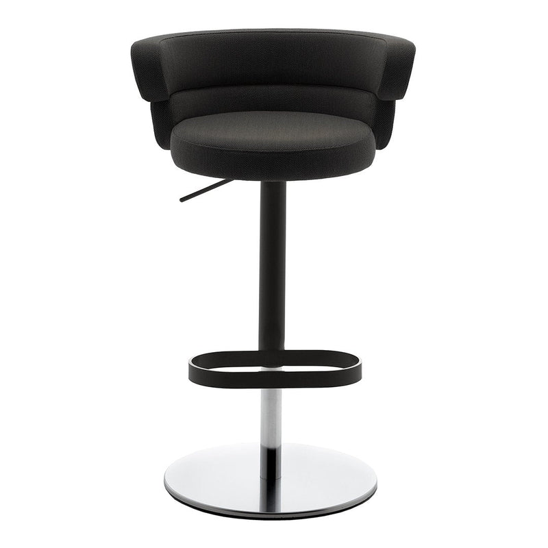 Black upholstered bar stool with a sleek chrome base and minimalist design. Modern and stylish for any decor.