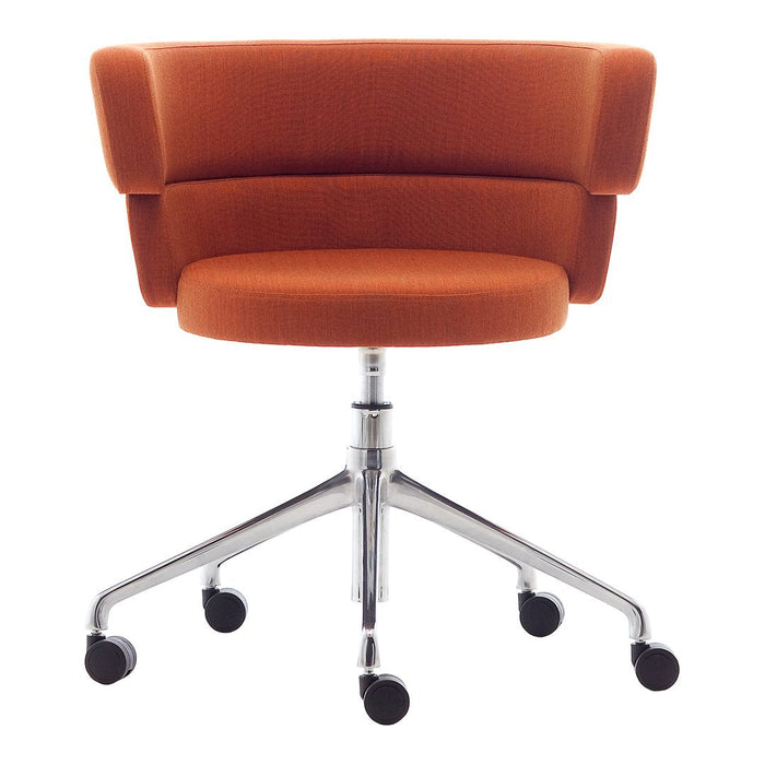 "Round orange upholstered chair with minimalist design and chrome swivel base, ideal for modern office decor."