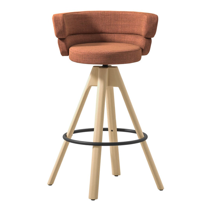 Orange upholstered bar stool with a modern design and natural wood legs. Perfect for contemporary spaces.