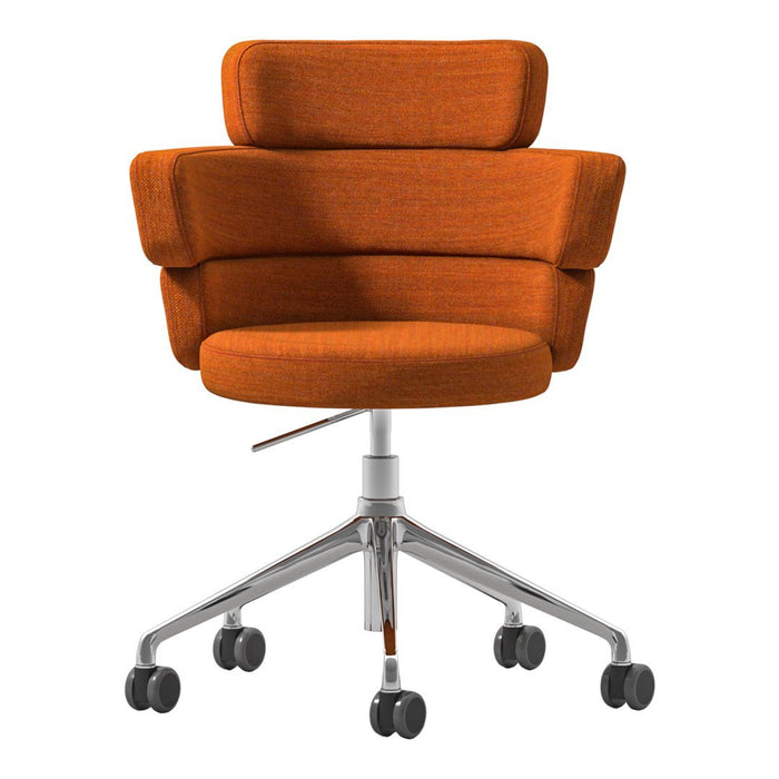 Orange upholstered swivel chair with a modern design and sleek chrome base. Perfect for stylish office spaces.