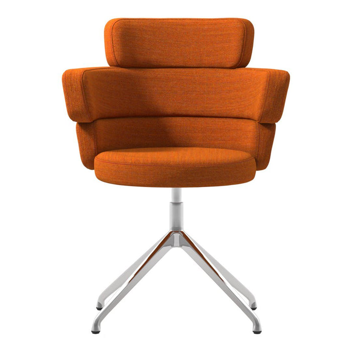 Orange upholstered chair with a modern design and plush cushions on a sleek silver base.