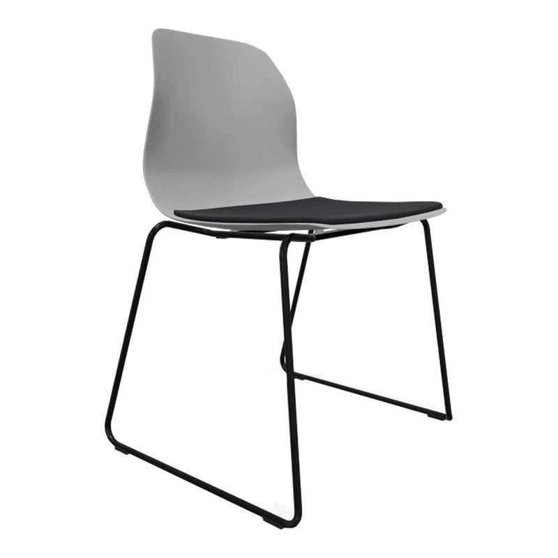 Minimalist chair with a sleek gray plastic back, black seat, and contrasting black metal legs. Modern design for any space.