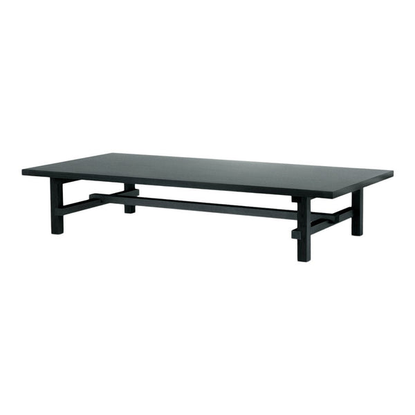 Sleek black rectangular coffee table with a minimalist design and solid frame, perfect for modern interiors.