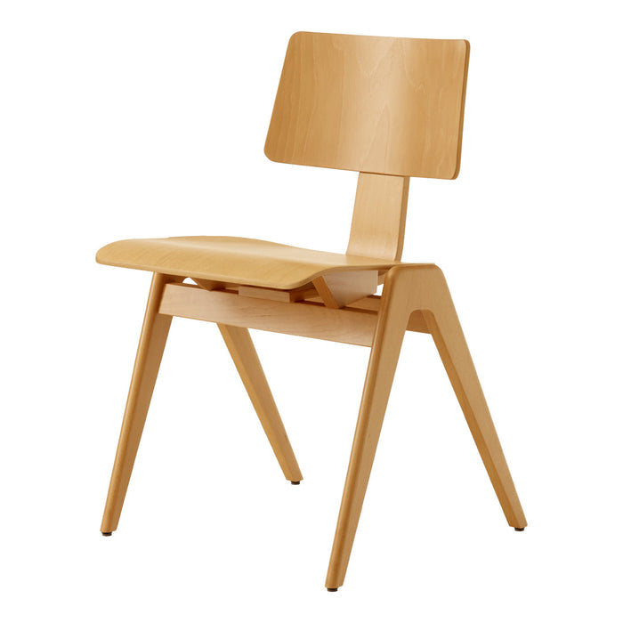 Light natural wood chair with a simple, smooth finish and angular legs, showcasing a minimalist style.