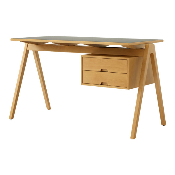 Natural wood desk with a sleek black tabletop and dual drawers, featuring minimalist Scandinavian design elements.