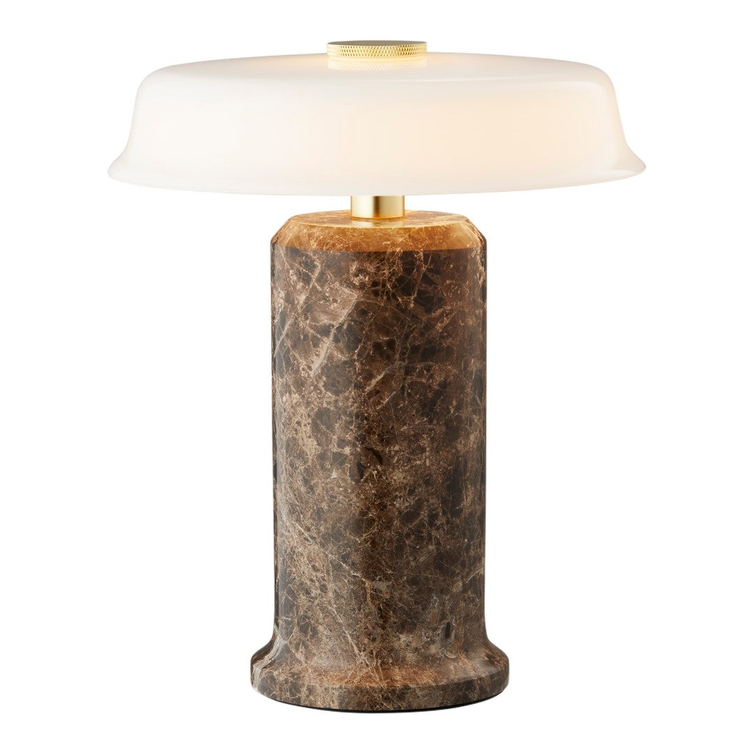 Brown marbled lamp base with a frosted white glass shade and gold accents. Elegant modern design.