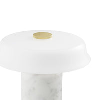 White dome-shaped top with a gold accent, mounted on a sleek marble base showcasing subtle gray veining.