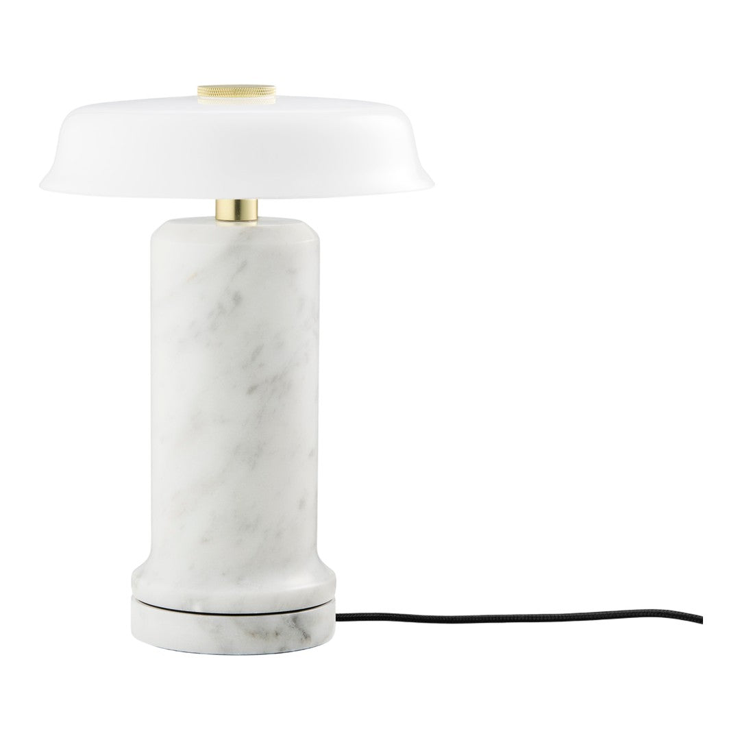 Elegant white marble lamp with a frosted glass shade and gold accents, featuring a modern, minimalist design.