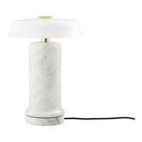Elegant white marble lamp with a frosted glass shade and gold accents, featuring a modern, minimalist design.