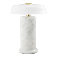 White marble lamp with a frosted glass shade and subtle brass accents, creating a modern, elegant look.