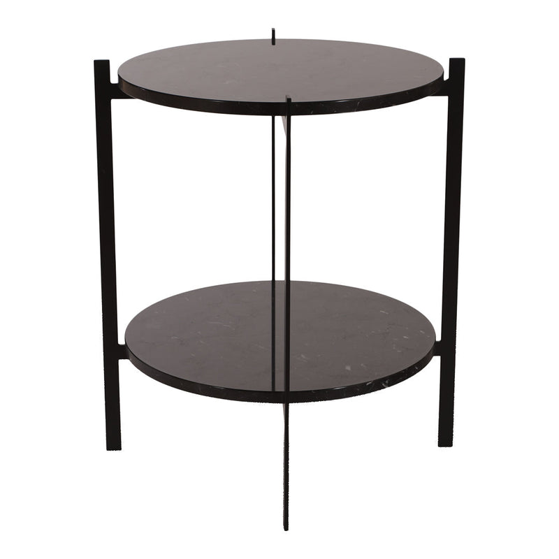 Modern black round side table with two marble-patterned shelves and minimalist metal frame, perfect for contemporary decor.